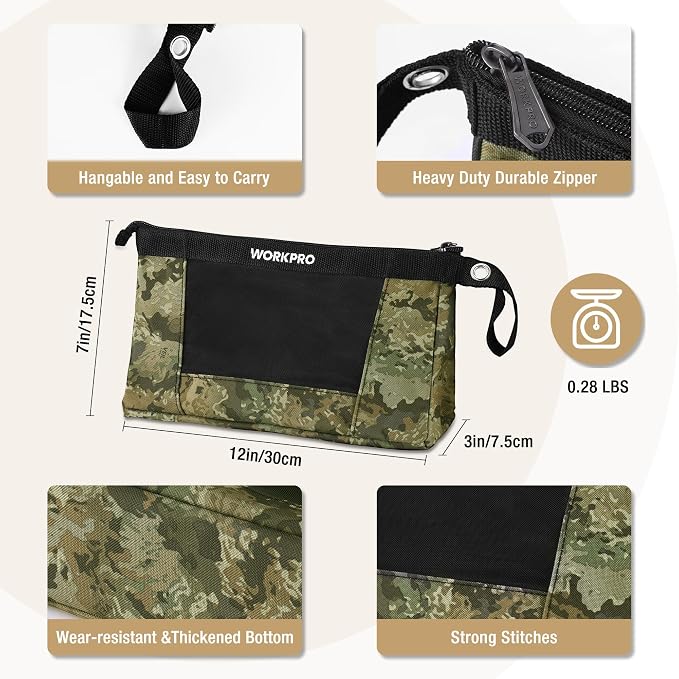 WORKPRO 12" Tool Pouches with Zipper, Heavy-Duty Small Tool Bag, Utility Small - Image 2