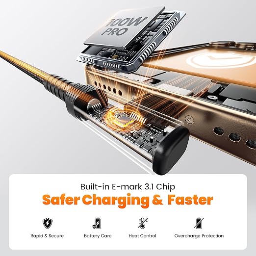 USB C Cable 100W Right Angle Fast Charging Cord, Nylon Braided USB 2.0 Cable - Image 4