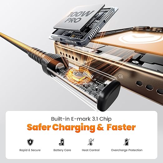 USB C Cable 6.6ft 100W Right Angle Fast Charging Cord, Nylon Braided USB 2.0 - Image 8