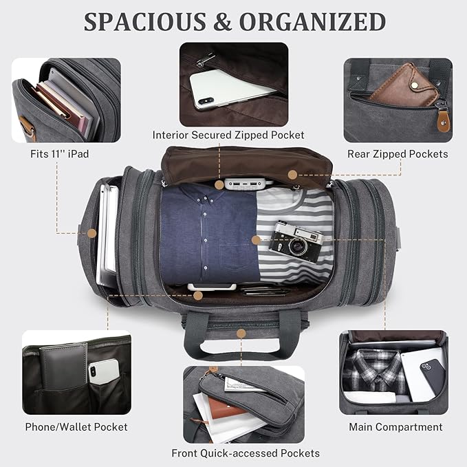 Gonex Canvas Duffle Bag for Travel 50L Expandable Duffel Weekend Overnight Bag - Image 4