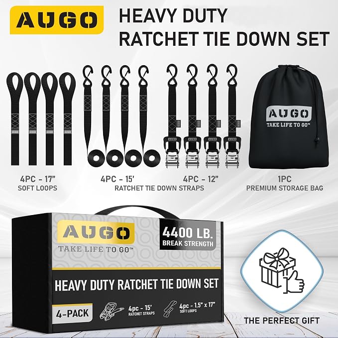 AUGO Heavy Duty Ratchet Straps & Soft Loops – Pack of 4 Extra Strong 1.5” by - Image 4