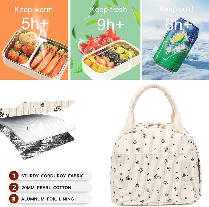 Bluboon Lunch Bag for Women Men Cute Corduroy Lunch Tote Bags Reusable - Image 4
