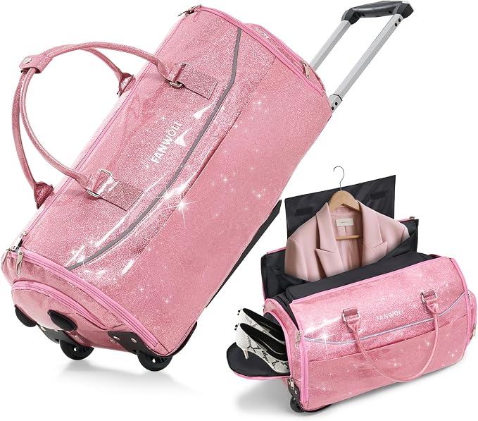 3-in-1 Rolling Garment Bags for Travel, Glitter Wheeled Carry-On Suit Luggage by Fanwoli
