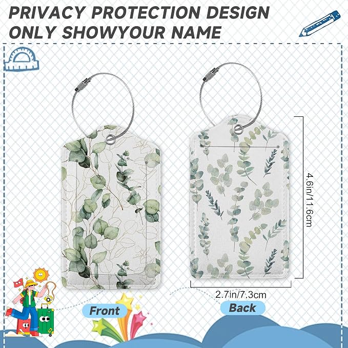 2 Pack Leather Luggage Tag for Suitcase Green White Eucalyptus Leaves Unique - Image 2