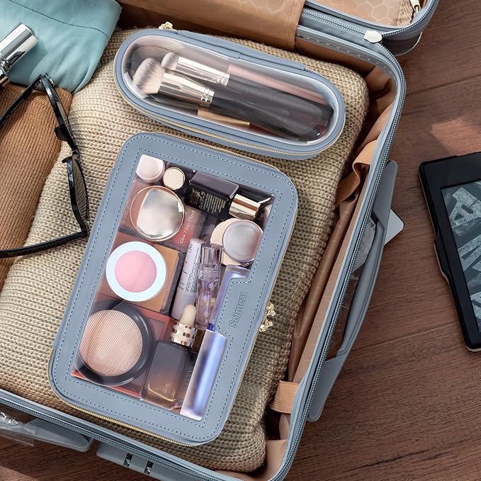 Travel Clear Makeup Bag with Makeup Brush Bag, Leather Makeup Case Toiletry Bag - Image 3