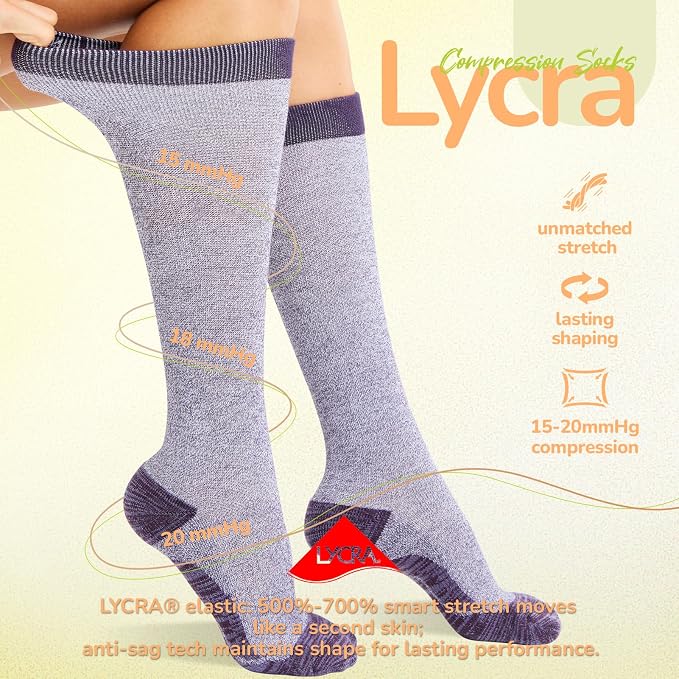 Merino Wool Compression Socks for Women Men, 15-20 mmHg Knee High Socks for - Image 5