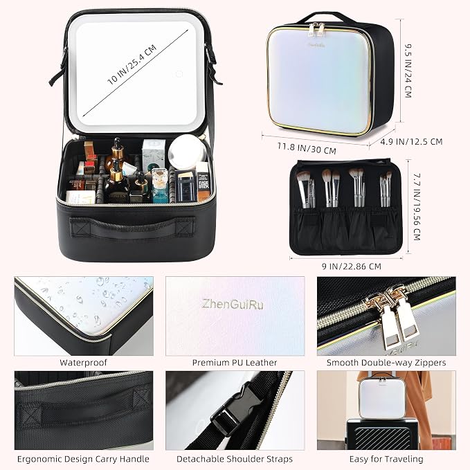 Travel Makeup Bag with LED Mirror – Waterproof Cosmetic Train Case with - Image 3