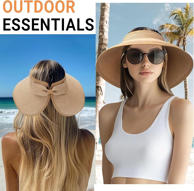 PFFY Sun Hats for Women Straw Beach Hat Packable Foldable Wide Brim Ponytail - Image 7