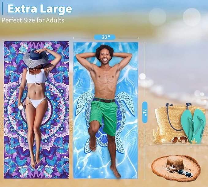 2 Pack Microfiber Oversized Lightweight Beach Towel 71"x32" XL Extra Large Thin - Image 3