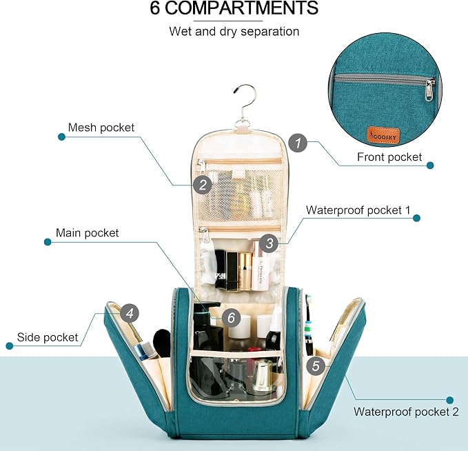 Hanging Travel Toiletry Bag for Women and Men, 6 Organizer Compartments - Image 2