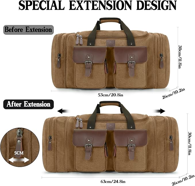 Canvas Duffle Bag for Men 50L Travel Duffel Bags Expandable Genuine Leather - Image 2