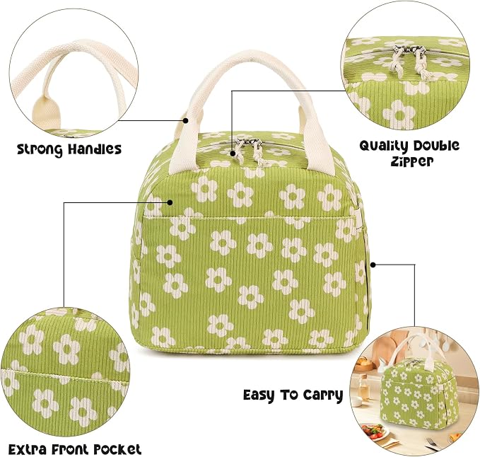 Bluboon Lunch Bag for Women Men Cute Corduroy Lunch Tote Bags Reusable - Image 4