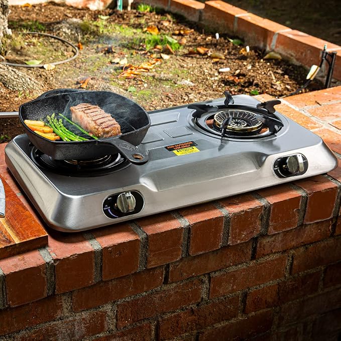 XtremepowerUS 25, 516BTU Double Burner Stove Auto Ignition Cooktop Outdoor LPG - Image 2