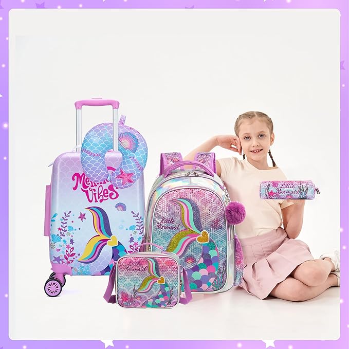 Cute Pink Mermaid Kid’s Luggage Set 5 Piece Suitcase Set 16’’ Hardside Luggage - Image 5