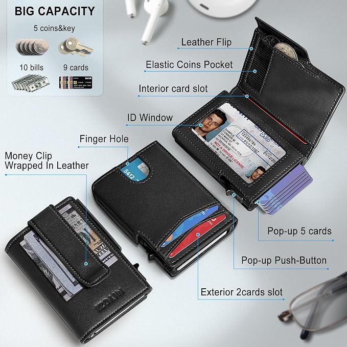 Men Wallet, with Money Clip Coins Pocket ID Window, Slim Front Pocket RFID - Image 2