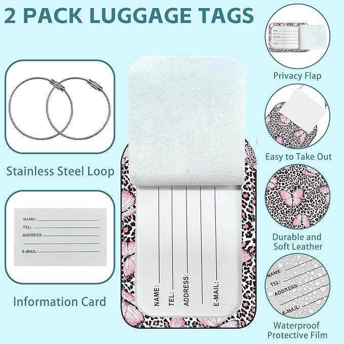 2 Pack Cute Luggage Tag for Suitcases Pink Butterfly and Leopard Leather - Image 2