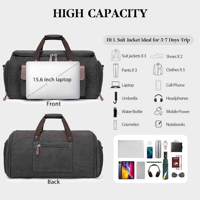 Canvas Garment Bags for Travel, Convertible Carry On Garment Duffel Bag for Men - Image 4