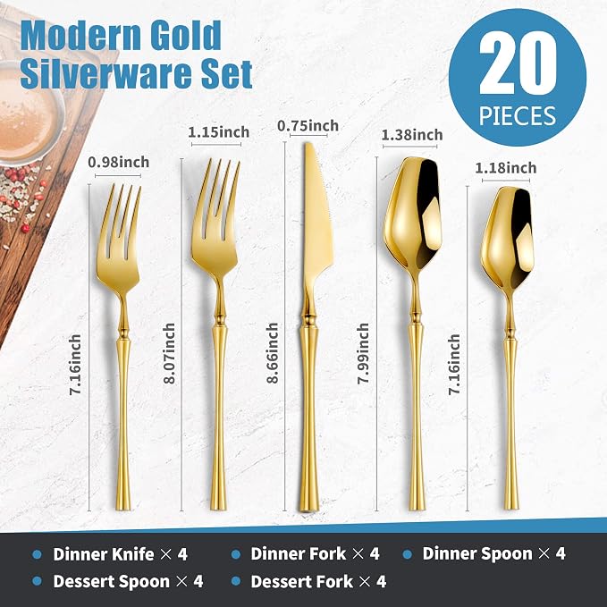 20-Piece Gold Silverware Set for 4, Modern 18/10 Stainless Steel Flatware Set - Image 2