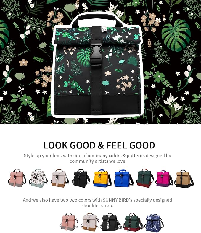 SUNNY BIRD Insulated Lunch Bag Rolltop Lunch Box Tote Bag - Image 7