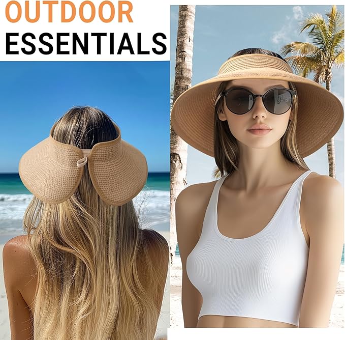 PFFY Sun Hats for Women Straw Beach Hat Packable Foldable Wide Brim Ponytail - Image 7