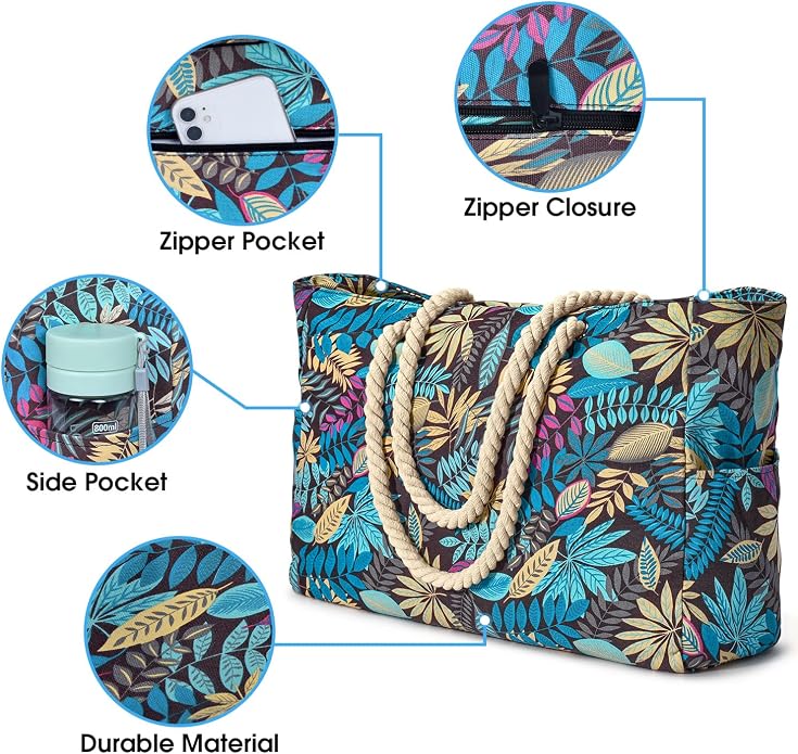 Becokan Beach Bags for Women Large Waterproof Beach Tote Bag Zipper Beach Bags - Image 2