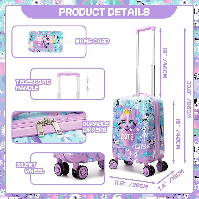 Cute Cat Kid's Luggage Set 2 Piece Suitcase Set 16" Hardside Luggage - Image 2