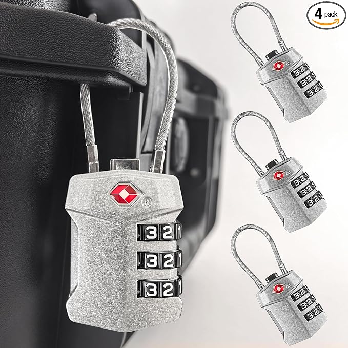 4 Pack TSA Approved Travel Luggage Locks, Cable Combination Lock, 3 Digit by LAFENLIN-HardCaseLock