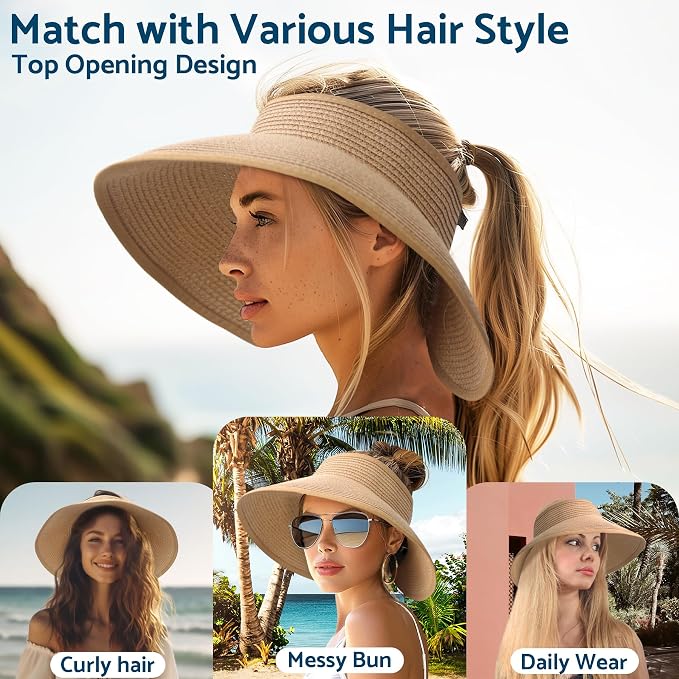 NPJY Sun Hats for Women Wide Brim Roll-Up Beach Ponytail Hat Packable Foldable - Image 4