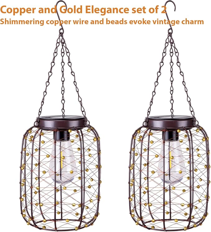 Hanging Solar Lanterns Outdoor Waterproof, Vintage Copper Hanging Lantern Lights - Image 2