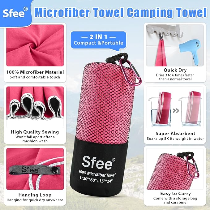 Sfee 2 Pack Microfiber Travel Towel, Quick Dry Towel Camping Towel Large Beach - Image 2