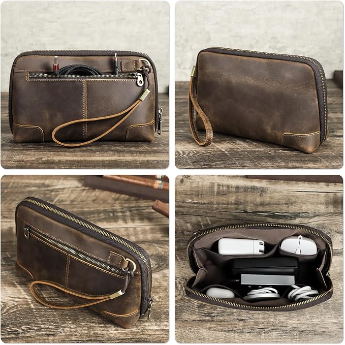 Top Grain Leather Text Custom Electronic Organizer Zipper Bag Tech Pouch - Image 4