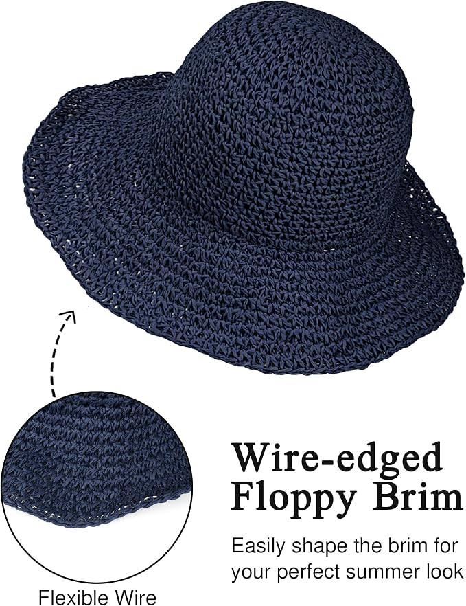 Womens Wide Brim Straw Sun Hat Foldable Floppy Crochet Beach Hat - Image 4