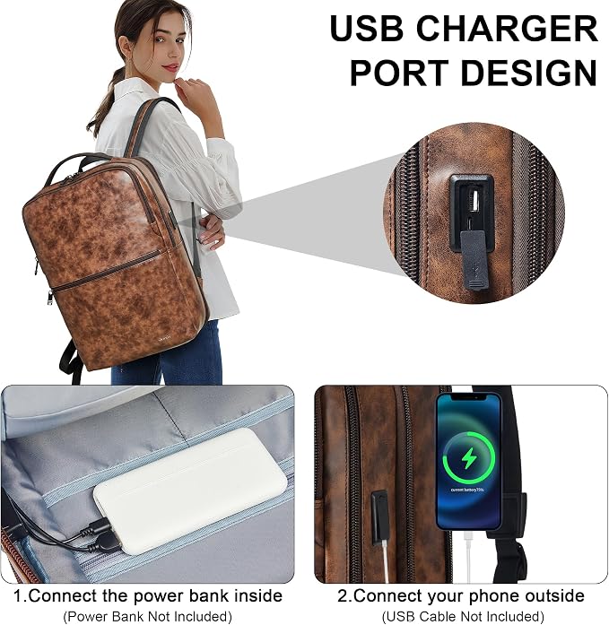 Vegan Leather Laptop Backpack for Women&Men, 16 Inch Expandable Backpack - Image 5