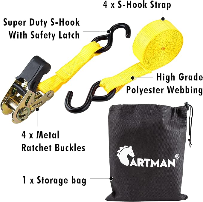 Cartman Ratchet Tie Down, 4Pk 15Ft, 500Lbs Load Cap/ 1500Lbs Break Strength - Image 7