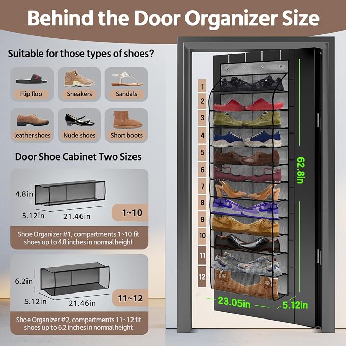 12 Pocket Over the Door Shoe Organizer, Reusable Breathable Large Mesh Bag - Image 3