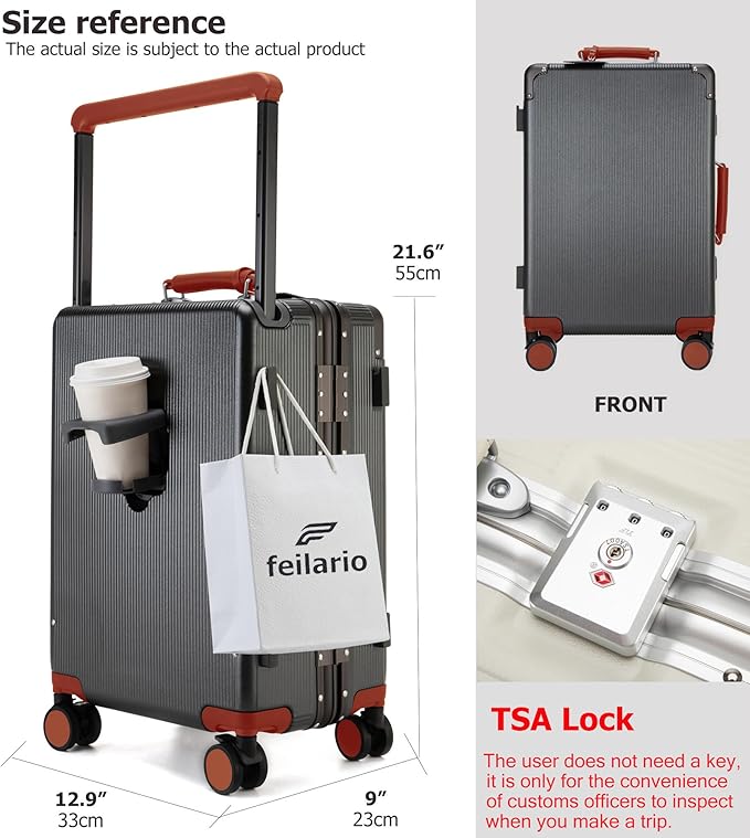 feilario 20'' Aluminum Frame Wide Handle PC Hardside Carry On Luggage - Image 4