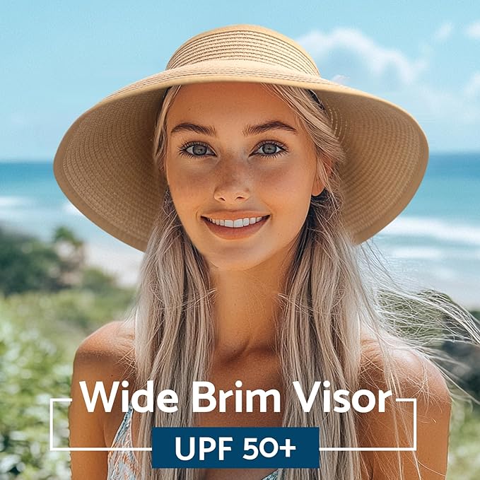 NPJY Sun Hats for Women Wide Brim Roll-Up Beach Ponytail Hat Packable Foldable - Image 3