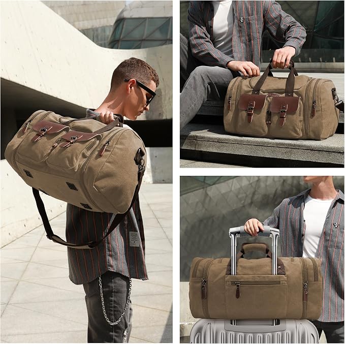 Wildroad 60L Travel Duffel Bag, Expandable Canvas Genuine Leather Duffle Bag - Image 3