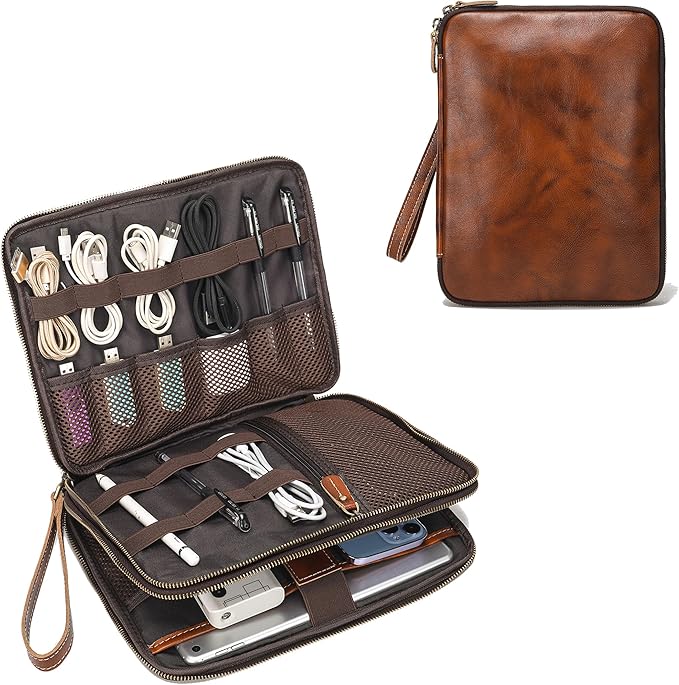LANNSYNE Full Grain Leather Travel Cable Accessories Bag, Electronic Organizer by LANNSYNE