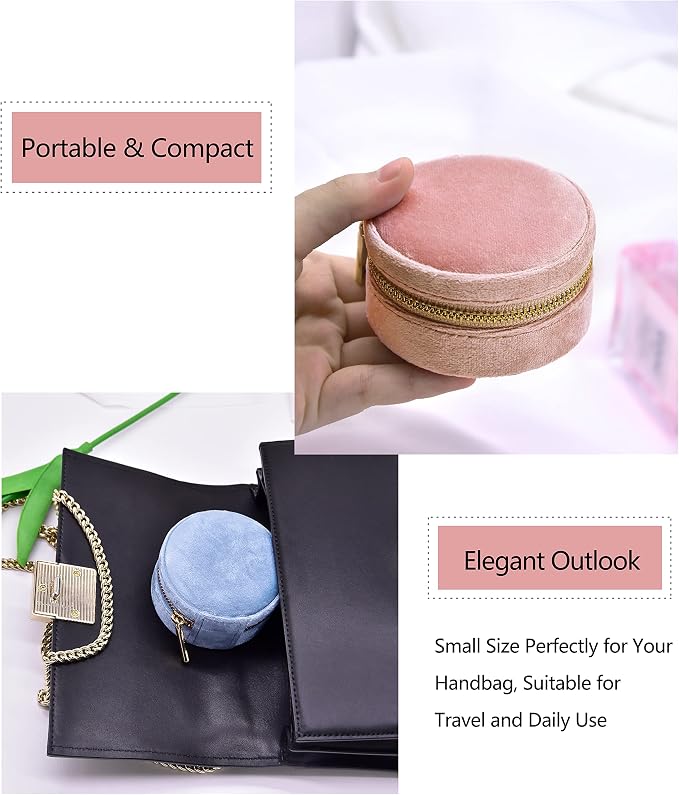 TAIMY Plush Velvet Travel Jewelry Box, Round Mini Travel Jewelry Case - Image 5