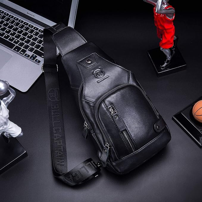 BULLCAPTAIN Leather Sling Bag Mens Chest Bag Casual Shoulder Crossbody Bags - Image 5