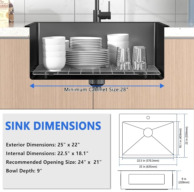 25x22 Inch Black Drop In Kitchen Sink, 25 Inch Gunmetal Black Kitchen Sink Top - Image 6