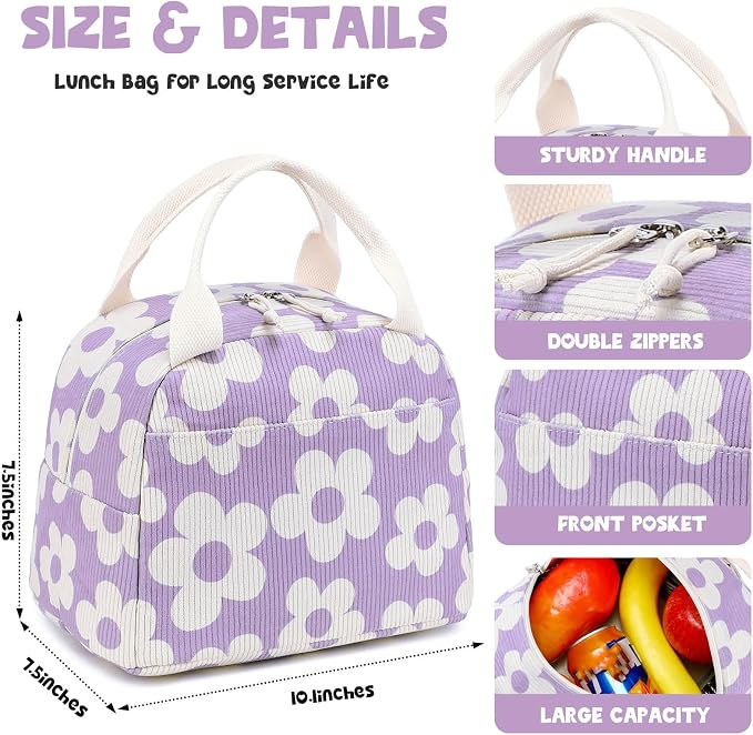 Bluboon Lunch Bag for Women Men Cute Corduroy Lunch Tote Bags Reusable - Image 4