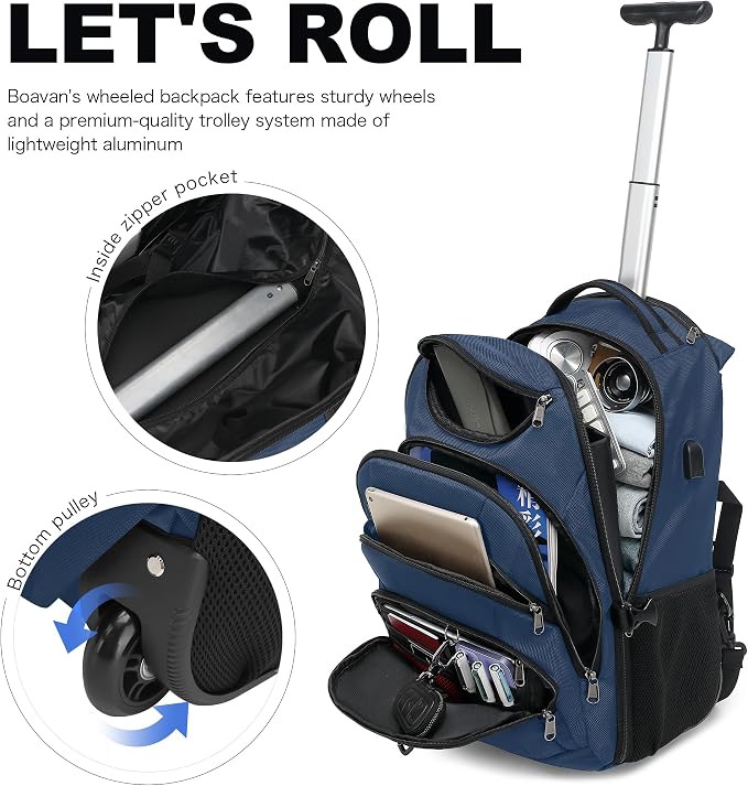 Boavan Rolling Backpack, 17 inch Water Resistant Wheeled Backpack, Carry on - Image 6