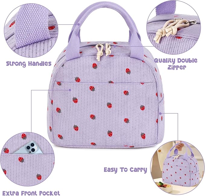 Bluboon Lunch Bag for Women Men Cute Corduroy Lunch Tote Bags Reusable - Image 8
