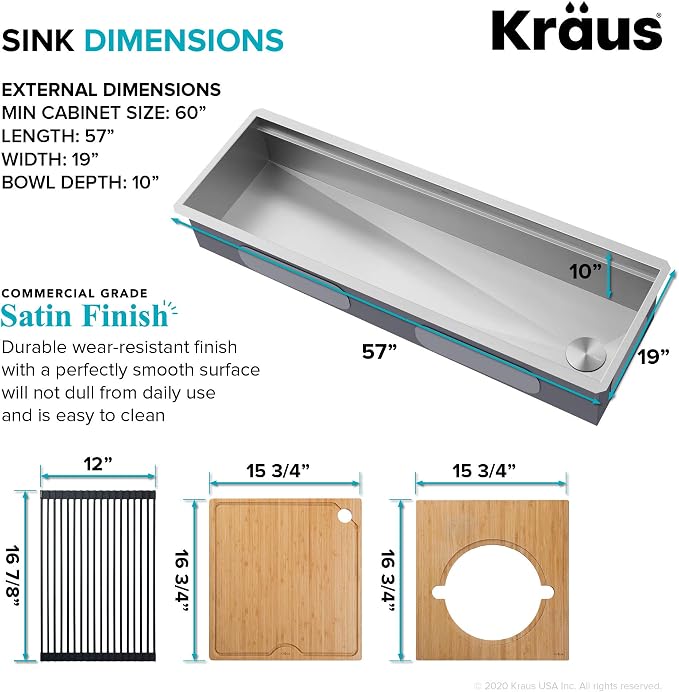 KRAUS Kore 57-inch Undermount Workstation 16 Gauge Single Bowl Stainless Steel - Image 5