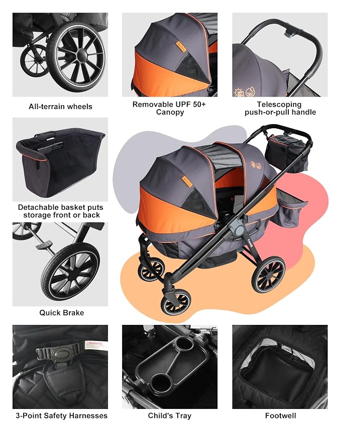 Tandem Wagon Stroller – All-Terrain 2-in-1 Push & Pull Design, Double Seat - Image 7