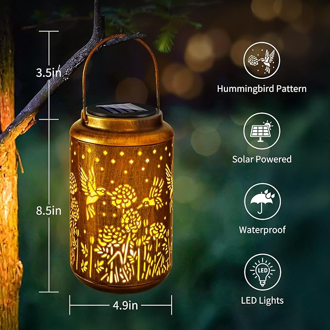 Brizled Hummingbird Solar Lantern Lights, 2 Pack LED Hollow Out Hanging Lantern - Image 3