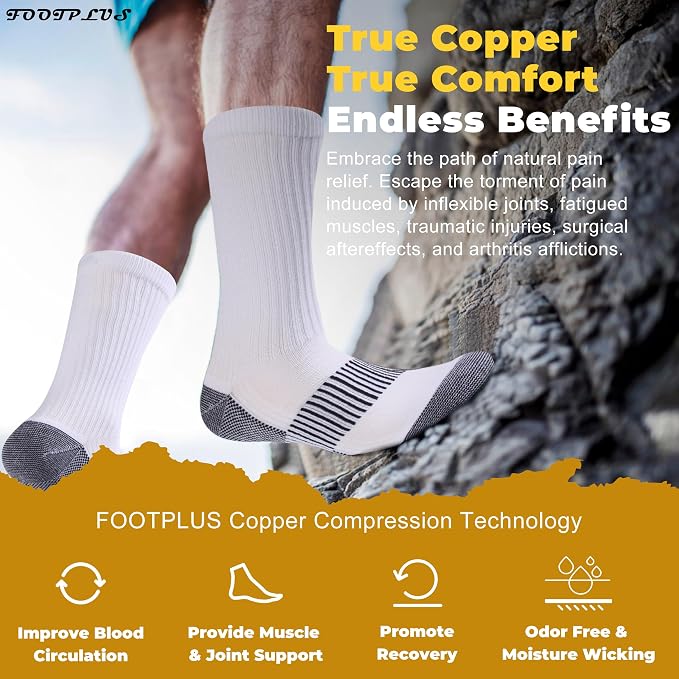 FOOTPLUS Hiking Copper Compression Socks, Unisex Cushioned Sole Arch Support - Image 2