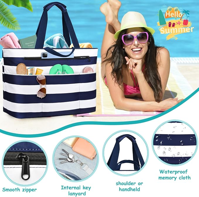 Extra Large Beach Bags for Women, Waterproof Sandproof Beach Tote Bag Zipper - Image 3